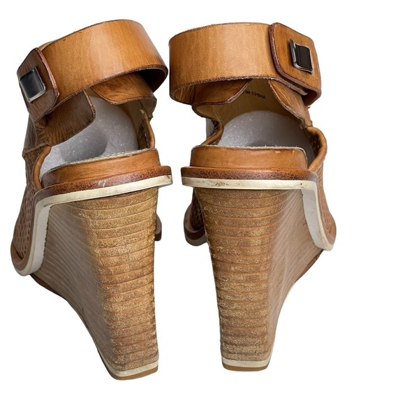 Rag & Bone Pala Wedge Sandals Womens 9 Leather Peep Toe Stacked Wood Heel Brown - Picture 3 of 11